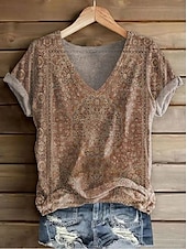billige Boho t-skjorte-Dame T skjorte Blomstret Grafisk Paisly Bohem Årgang Stilfull Kortermet V-hals Vanlige topper Daglig Ut på byen Helg Trykt mønster Rød Lysebrun Grønn matt-hvit Sommer Vår