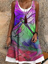 preiswerte Tiere kleiden-Damen Minikleid Sommerkleid A Linie Kleid Schulterfreies Kleid Urlaub Lässig Boho Täglich Normale Passform Grafik Tiermotiv Libelle Ärmellos Rundhalsausschnitt Blau Purpur Grün Sommer Frühling Herbst
