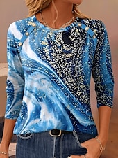 abordables Art &amp; Design Tops-Femmes T-shirt Graphique Géométrique ancien Occasionnel manche longue Col ras du cou Hauts Réguliers Quotidien Boutons Imprimé Vert cendré Bleu Violet Marron Vert Printemps Automne Hiver