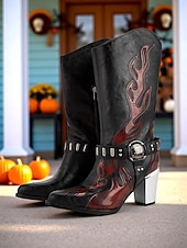 levne Pro ženy-Dámské kovbojské boty v západním stylu s vyšívanými plameny - robustní podpatek, černohnědé gotické boty do půli lýtek na Halloween, hudební festivaly a rodeo.