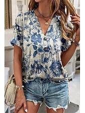 cheap Floral tee-Women&#039;s T Shirt Ombre Floral Graphic Elegant Vintage Fashion Short Sleeve V Neck Notched Neck Regular Tops Daily Going out Weekend Print Blue Sky Blue Dark Green Light Blue Summer Spring