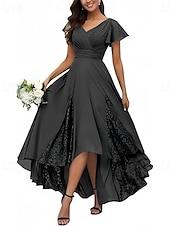 abordables Robes pour invitées de mariage-Ligne A Robes pour invités de mariage Élégant Robe robe demoiselle d honneur Fiançailles Asymétrique Manche Courte Col en V Chiffon avec Croisé Froncé 2025