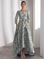 baratos Vestidos de Cocktail-vestido jacquard floral azul, vestidos de coquetel em linha A, vestido formal de gala com gravata preta, manga 3/4, decote em V com bolso, 2025