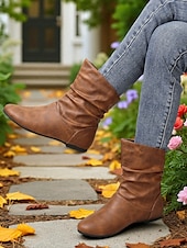 baratos Botas Slouch-Botas largas femininas de couro sintético marrom – sapatos retrô de salto baixo e cano médio para o outono, caminhadas diárias e passeios casuais