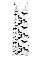 economico Abito di Halloween-Per donna Abito Midi Vestito Estivo Abito a trapezio Abito Sottoveste Vacanza Casual Vacanza Quotidiano Spiaggia Vestibilità regolare Grafico Foglia Tropicale Senza Maniche Scollo a V Bianco e nero