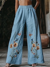 economico gamba larga e vita alta-Per donna Gamba larga Pantaloni Pantaloni Palazzo Moda Boho Lunghezza intera Vita Alta Fiore Elastico in vita Stampato Traspirabilità Confortevole Streetwear Abbigliamento quotidiano Uscire Blu