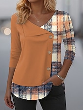 billiga Randig och geometrisk t-shirt-Dam T-shirt Grafisk Geometrisk Rutig Vintage Mode Stylish Långärmad Rund hals Vanliga toppar Dagligen Lappverk Knappar Mönster Blå Purpur Orange Grön Vår Höst Vinter