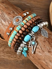 economico Bracciale da donna-Set di braccialetti con ciondoli a strati con perline boho da donna: bracciali in legno, turchese e pelle scamosciata in stile vintage con ciondoli a forma di foglia e geometrici, ideali per abbigliamento casual, festival e vacanze al mare