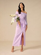 preiswerte Bodenlänge-Schlauchkleid Brautmutterkleid Elegant Hoher Schlitz Schulterfrei Asymmetrisch Chiffon Langarm mit Gerafft 2025