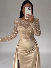 economico Champagne-Abito da sera sirena in paillettes abito in satin champagne arricciato maniche lunghe masquerade lunghezza fino al pavimento scollo illusion con perle gonna sovrapposta