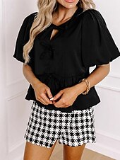 abordables Hauts Unis pour Femmes-Femmes Chemisier Uni Moderne Occasionnel Manche Courte Col ras du cou Hauts Réguliers Quotidien Fête Sortir Œillet Noir Automne