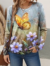 Women's T shirt Crew Neck Long Sleeve Tunic Floral Graphic Butterfly Vintage Stylish Classic  Regular Tops Daily Weekend Print Blue Spring Fall4