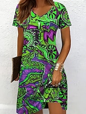 preiswerte Kunst &amp; Design Kleider-Damen Minikleid Strickkleid Freizeitkleid T-Shirt-Kleid Sommerkleid Elegant Urlaub Lässig Strand Normale Passform Grafik Geometrisch Abstrakt Kurzarm V Ausschnitt Gelb Blau Purpur Orange Sommer
