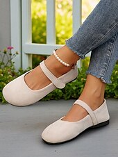 preiswerte Ballerinas für Damen-Beige Mary-Jane-Ballerinas mit weiter Spitze für Damen – bequeme Schuhe aus weichem Wildlederimitat für Freizeitausflüge, Spaziergänge im Garten und den Alltag