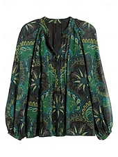 cheap Women&#039;s Graphic Tops-Women&#039;s Paisley Print Chiffon Peasant Top Lantern Sleeve Casual Long Sleeve V Neck Shirt Blouse for Spring