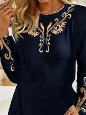 olcso Boho póló-Női póló Hosszú ujjú Kerek nyakú Hosszú ujjú Tunika Grafikus Növények Vintage Stílusos Kerek nyakú Szokványos felsők Napi Hímzett Nyomtatás Sötétkék Ősz Előőszi