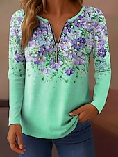 cheap Floral tee-Women&#039;s T shirt Long Sleeve Quarter Zip Long Sleeve Casual Floral Graphic Gradient Elegant Vintage Stylish V Neck Regular Tops Daily Yellow Pink Blue Purple Green Spring Fall Prefall