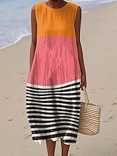 baratos Vestidos Listrados e Geométricos-Mulheres Vestido midi Vestidos Para o Verão Vestido de turno Vestido A Line Férias Casual Boho Para Noite Praia Ajuste Largo Gráfico Geométrica Sem Manga Crewneck Rosa Rosa Escuro Azul Roxo Verão