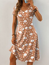 preiswerte Blumenkleider-Damen Midikleid Strickkleid Freizeitkleid T-Shirt-Kleid Sommerkleid Urlaub Lässig Boho Strand Normale Passform Blumen Grafik Kurzarm V Ausschnitt Rosa Blau Orange Grün Sommer Frühling