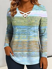 billige Stripe og geometrisk t-skjorte-Dame T skjorte Grafisk Geometrisk Årgang Stilfull Klassisk Langermet V-hals Vanlige topper Daglig Utskjæring Trykt mønster Rosa Blå Lilla Grønn Vår Høst
