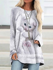 billige Dyrene tee-Dame T skjorte Grafisk Dyr Katt Årgang søt stil Stilfull Langermet Crew-hals Rund hals Lange topper Daglig Trykt mønster Hvit Rosa Blå Vår Høst