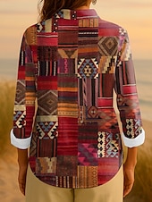 ieftine Topuri boho pentru femei-Pentru femei Cămașă Grafic Geometric Dungi Epocă Tropical Zilnic Manșon Lung Guler Cămașă Topuri obișnuite Muncă Zilnic Peteci Nasturi Imprimeu Roșu-aprins Albastru piscină Mov Portocaliu Var