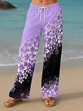 abordables jambe large et taille haute-Femmes Culottes Jambe Large Vacances ancien Style Ethnique Longueur complète Taille haute Fleuri Graphique Séchage Rapide Respirabilité Doux Non Elastique Formel Extérieur Vacances Jaune Rose Claire