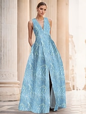 abordables FLORALES-Robe de soirée A-Line en jacquard floral verte élégante Robe de mariage formelle longueur au sol sans manches en V en nylon avec poche fente Robe invitée de mariage