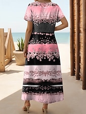 preiswerte Streifen- und geometrische Kleider-Damen Maxikleid T-Shirt-Kleid Sommerkleid Shiftkleid Urlaub Lässig Strand Party Strand Normale Passform Geometrisch Kurzarm Rundhalsausschnitt Rosa Blau Purpur Grün Sommer Frühling