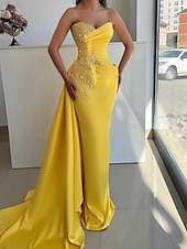 abordables Robes de bal-Robe de Soirée Sirène  Trompette Élégante Robe Formelle Mariage Longueur de Sol Sans Manches Sans Bretelles Robe de Mère de la Mariée Satin avec Paillettes Brillantes Froncé