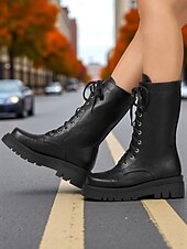 economico Stivali da combattimento-Stivali da combattimento stringati in similpelle nera da donna – stivali a metà polpaccio in stile militare con suola spessa per abbigliamento streetwear autunnale e invernale, uscite casual, moda urbana