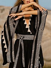 preiswerte Ausgefallene Kleider-Langes Damenkleid Maxikleid Boho-Kleid Freizeitkleid Swing-Kleid Sommerkleid Vintage Urlaub Alltag Strand Regular Fit Geometrisch 3/4-Ärmel V-Ausschnitt Schwarz Sommer Frühling Herbst