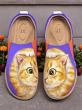 tanie Mokasyny i trzewiki damskie-Kolorowe, wsuwane buty damskie Cat by Kayomi Harai z nadrukiem kota – urocze, codzienne mokasyny dla miłośniczek kotów, idealne na co dzień, w podróż i na weekendowe wyjścia