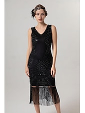 abordables Robes-Rétro Vintage Années Folles Années 1920 Midi Robe Charleston Robe de cocktail Gatsby le Magnifique Fille Flapper Paillettes Frange Col en V Femmes Noël Halloween Carnaval Mariage Soirée Mascarade