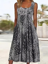 ieftine Tipăriți rochii florale-Pentru femei Rochie Lunga Rochie Maxi Rochie Tip Maieu Modă Dată Rochie de toamna Festival Fit regulat Geometric Fără manșon Stil Nautic Roșu-aprins Gri Toamnă