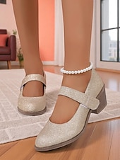 ieftine Block Heels-Pantofi Mary Jane cu toc bloc și sclipici pentru femei – tocuri joase aurii confortabile, cu bareta cu velcro, pentru purtare zilnică, evenimente școlare și ținute de inspirație retro
