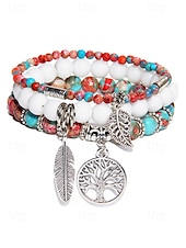 economico Bracciale da donna-Set di bracciali da donna in stile boho con perline turchesi, con ciondolo a forma di albero della vita e piuma, elastico, perline in pietra naturale, adatti per abbigliamento casual, feste e regali.