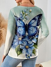 ieftine tricou Art &amp; Design-Pentru femei Tricou Floral Grafic Fluture Epocă Stilat Clasic Manșon Lung Stil Nautic Topuri obișnuite Zilnic Sfârșit de săptămână Imprimeu Trifoi Primăvară Toamnă