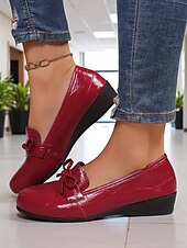 preiswerte Damenhausschuhe und -halbschuhe-Cremefarbene Loafer aus Kunstleder für Damen – bequeme Slipper mit Schleife und Keilabsatz, lässig-elegante Schuhe fürs Büro, zum Einkaufen und für den Alltag