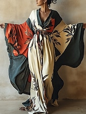abordables Robes Bohémiennes-robe longue femme robe maxi robe bohème robe décontractée robe trapèze robe d&#039;été vintage vacances quotidien plage coupe classique floral manches longues col en V abricot été printemps automne