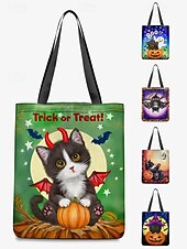 preiswerte Taschen-Halloween-Tragetasche für Damen mit süßem Katzenaufdruck von Kayomi Harai, große Canvas-Umhängetasche für Süßes oder Saures und Partys