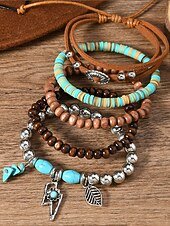 economico Bracciale da donna-Set di braccialetti con ciondoli a strati con perline boho da donna: bracciali in legno, turchese e pelle scamosciata in stile vintage con ciondoli a forma di foglia e geometrici, ideali per abbigliamento casual, festival e vacanze al mare