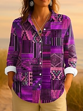 ieftine Topuri boho pentru femei-Pentru femei Cămașă Grafic Geometric Dungi Epocă Tropical Zilnic Manșon Lung Guler Cămașă Topuri obișnuite Muncă Zilnic Peteci Nasturi Imprimeu Roșu-aprins Albastru piscină Mov Portocaliu Var