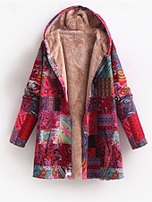 abordables Sudaderas forradas de forro polar-Mujer Abrigo Mantiene abrigado Cómodo Botones Estampado Casual Floral Noche Casual Diario Botonadura Simple Largo Con Capucha Ajuste regular Manga Larga Ropa de calle Amarillo Rojo Azul Piscina Otoño