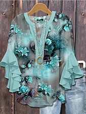 preiswerte Blumenoberteile-Damenbluse V-Ausschnitt Floral Grafik Elegant Bohemia Ethnisch 3/4-Ärmel Reguläre Oberteile Alltag Urlaub Freizeit Rüsche Print Königsblau Blau Helllila Khaki Sommer Frühling Herbst