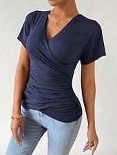 voordelige Sexy topjes voor dames-Dames Zomer tops Effen Stijlvol Modern Korte mouw V-hals Normale tops Dagelijks Feestdagen Met ruches blauw Grijs Zomer