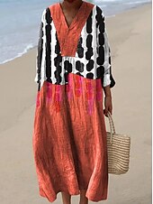 abordables Robes Rayés et Géométriques-Femmes Robe maxi Robe d&#039;Été Robe trapèze Vacances Occasionnel Boho Sortir Plage Graphique Géométrique Abstrait manche longue Col en V Rouge Bleu Vert Été Printemps Automne