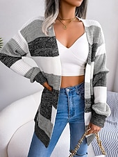 ieftine Cardigane și îmbrăcăminte exterioară-Pentru femei Pulover Bluza Elegant Modă Șic Stradă Dungi Culoare pură Deschis frontal Tricotat Manșon Lung Topuri obișnuite Tricotat În aer liber Zilnic Sfârșit de săptămână Negru Roșu Vin Toamn