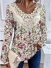 abordables T-shirt floral-Femmes Chemisier Fleuri Graphique Plantes Élégant ancien Mode manche longue Col ras du cou Col en V Hauts Réguliers Quotidien Sortir Week-end Dentelle Patchwork Imprimé Rose poussiéreuse Violet Kaki