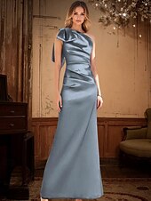 economico BLU-Abito da sera a sirena/tromba con cravatta nera, elegante e lucido, lungo fino al pavimento, senza maniche, monospalla, in raso con fiocco/i, pieghe e arricciato, 2025